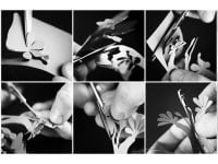 Grafik 2. Fotocollage med 10 fotos af Karen Relster: ”I udstillingen indgår 10 store billeder, som viser de forløsende øjeblikke der opstår, når Torben Jarlstrøm Clausens saks klipper de små papirklipeksistenser fri fra papiret”.